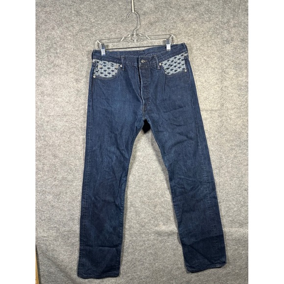 Levi's 501 Jeans Button Fly Indigo Denim Blue Embroidered Pockets Mens W34 L34 - Picture 1 of 9